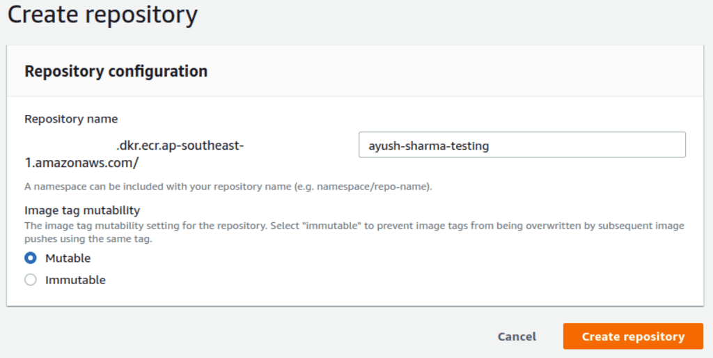 Creating a new Amazon Elastic Container Registry named ayush-sharma-testing.