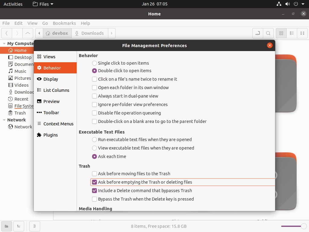 Image showing Nemo file manager on Ubuntu 20.04 LTS with Behavior preferences open.