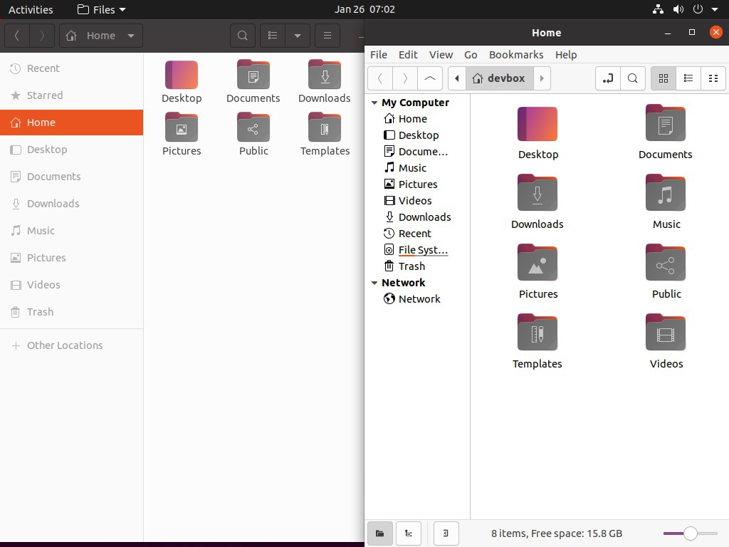 Image showing Nautilus file manager on the left and Nemo file manager on the right. Using Ubuntu 20.04 LTS.