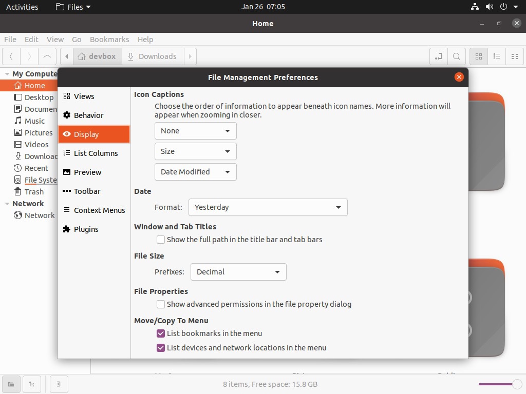 Image showing Nemo file manager on Ubuntu 20.04 LTS with Display preferences open.