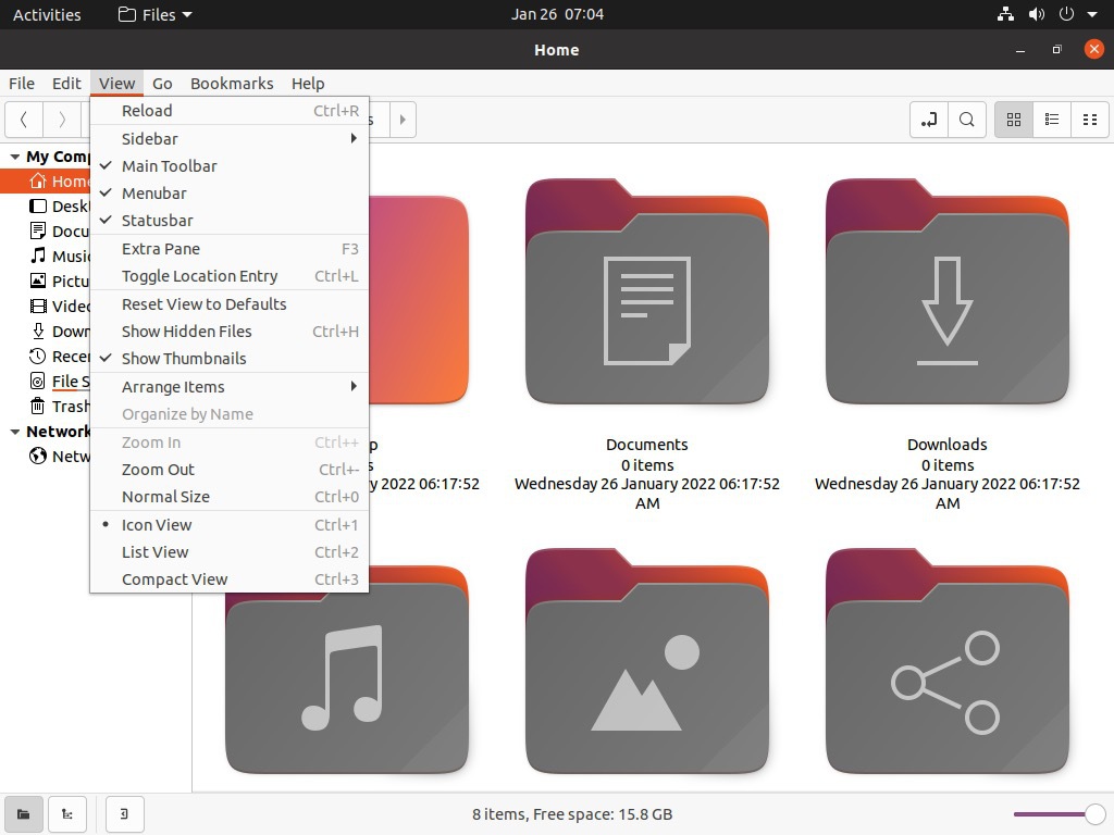 Image showing Nemo file manager on Ubuntu 20.04 LTS with View menu open.