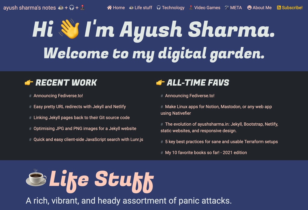 Image showing www.ayushsharma.in in dark mode in desktop view.