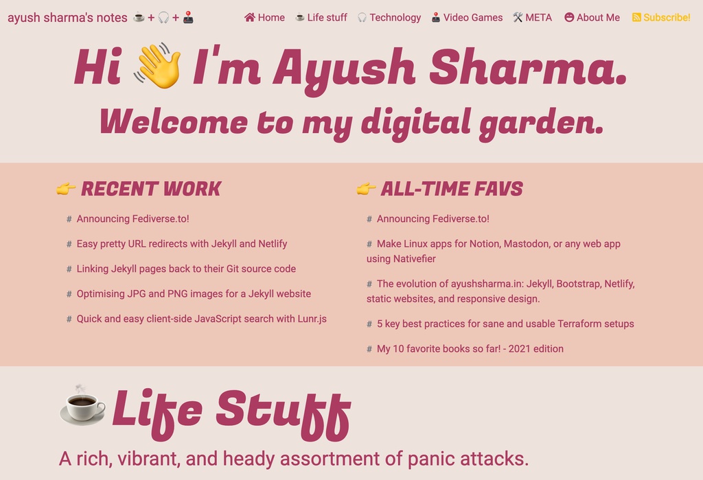 Image showing www.ayushsharma.in in light mode in desktop view.