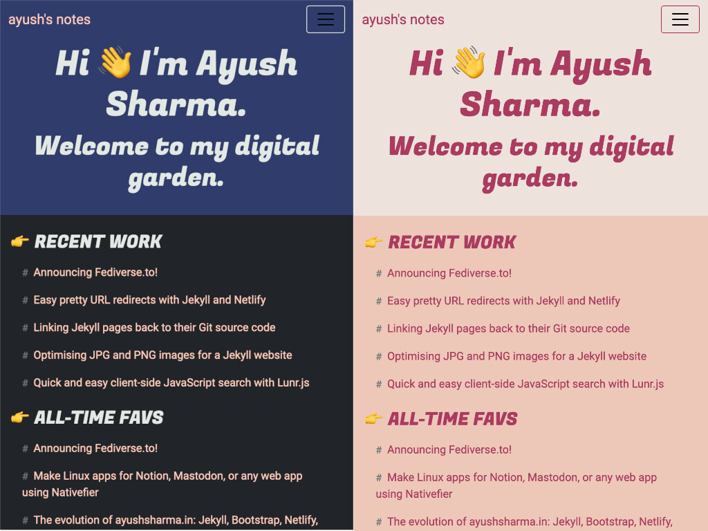 Image showing www.ayushsharma.in in dark mode on the left and in light mode on the right.