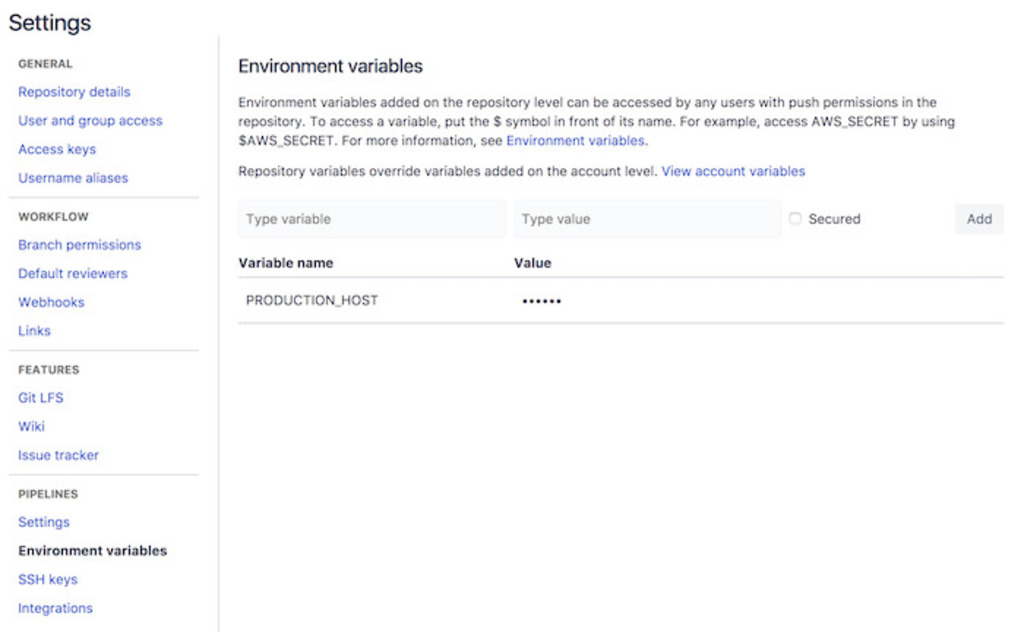 Setting the environment variables for bitbucket-pipelines.yml file.