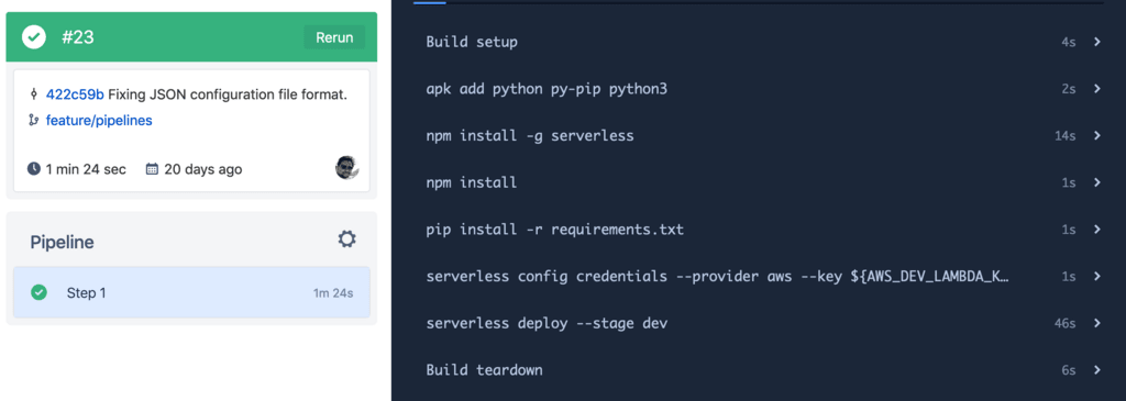 Bitbucket deployment for Serverless project successful.