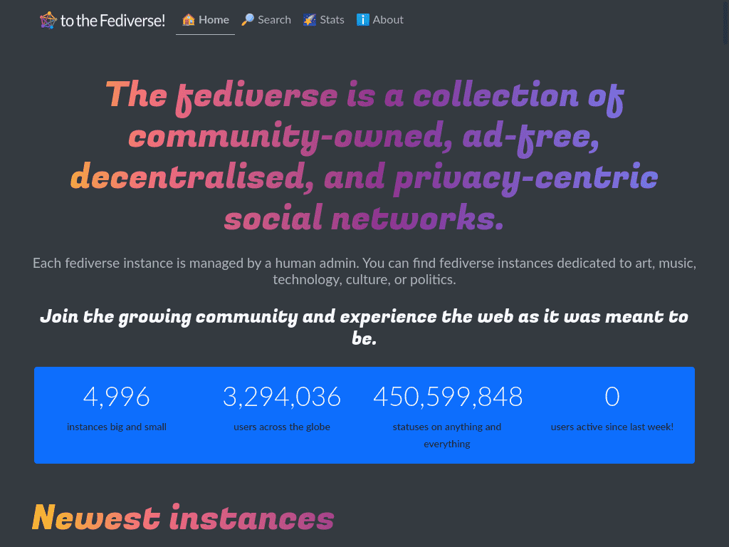 Find a decentralised social network which suits your interests. Search and filter the fediverse by category, language, and more.